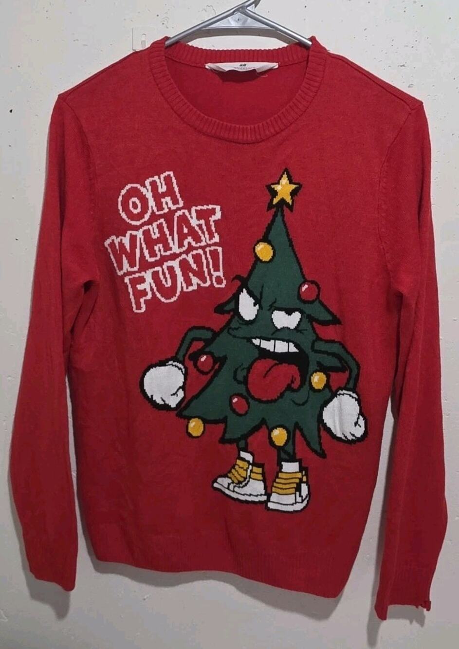 H&M Christmas Sweater Kids 12-14 Red Oh What Fun Christmas Tree 158/164